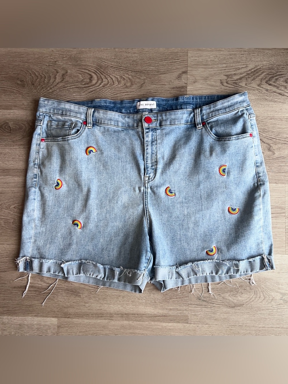 Lane Bryant Women’s Plus Sz  22 Denim Midi Shorts Rainbow Boyfriend Fit Stretch